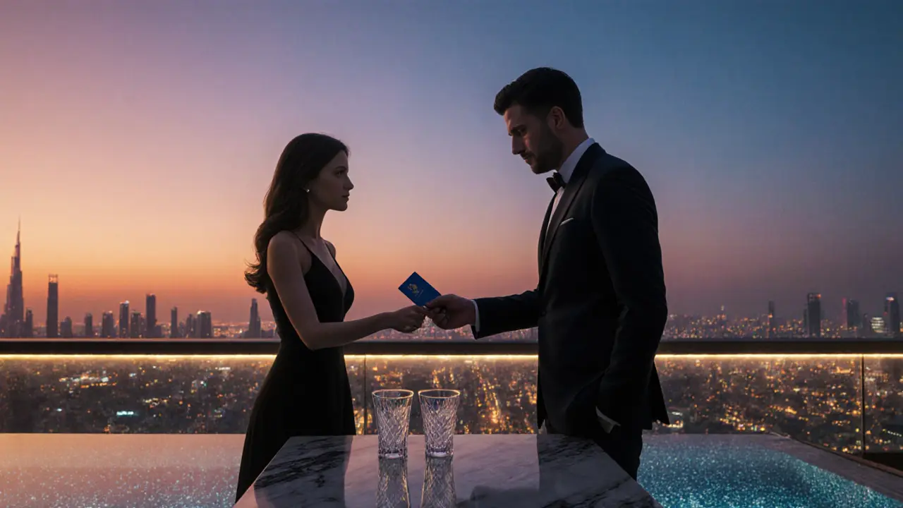 A couple exchanging IDs at a sleek rooftop lounge overlooking Dubai at sunset.