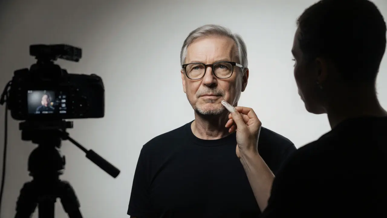 A man with glasses calmly posing for a tech advertisement in a studio.
