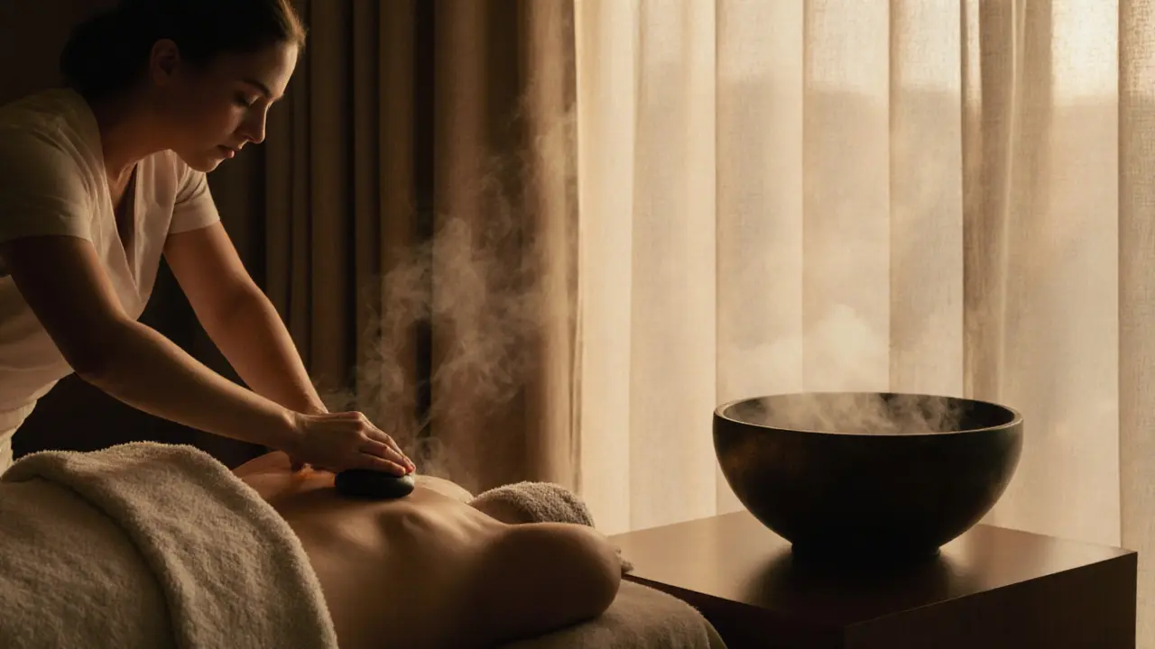 A peaceful spa room in Dubai with soft light, steam, and healing stones on linen.