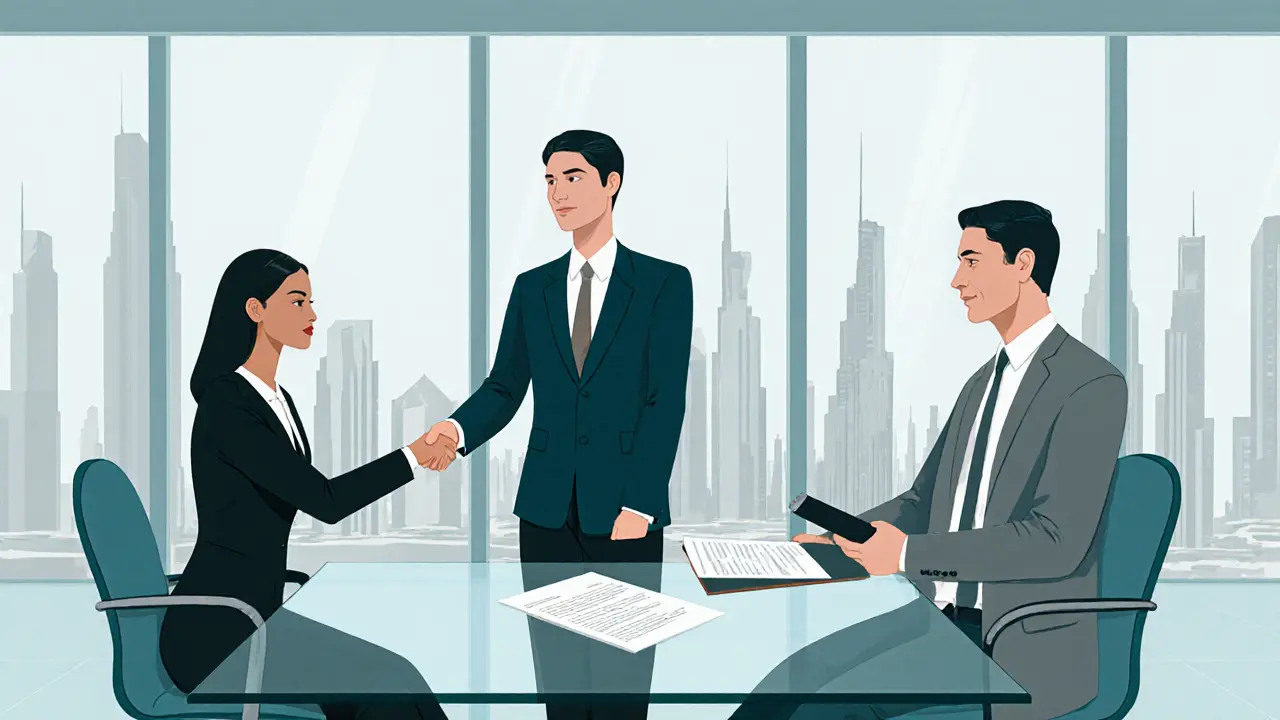 Agency meeting showing a model, client, and contract in a modern Dubai office.