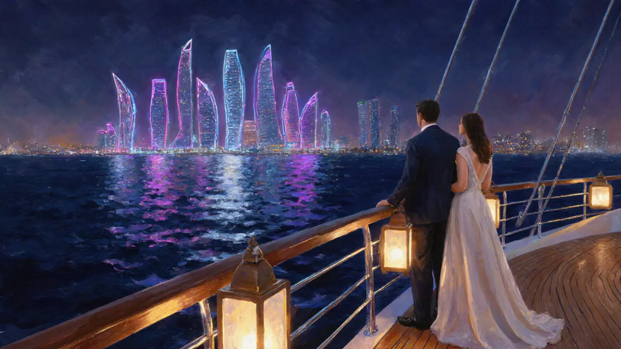 An elegant companion and client aboard a nighttime yacht cruising Dubai Marina.