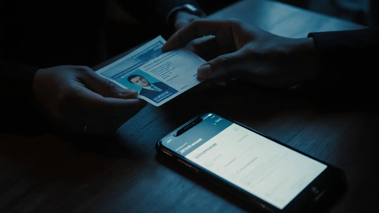 Close‑up of ID and phone showing secure payment on a café table.