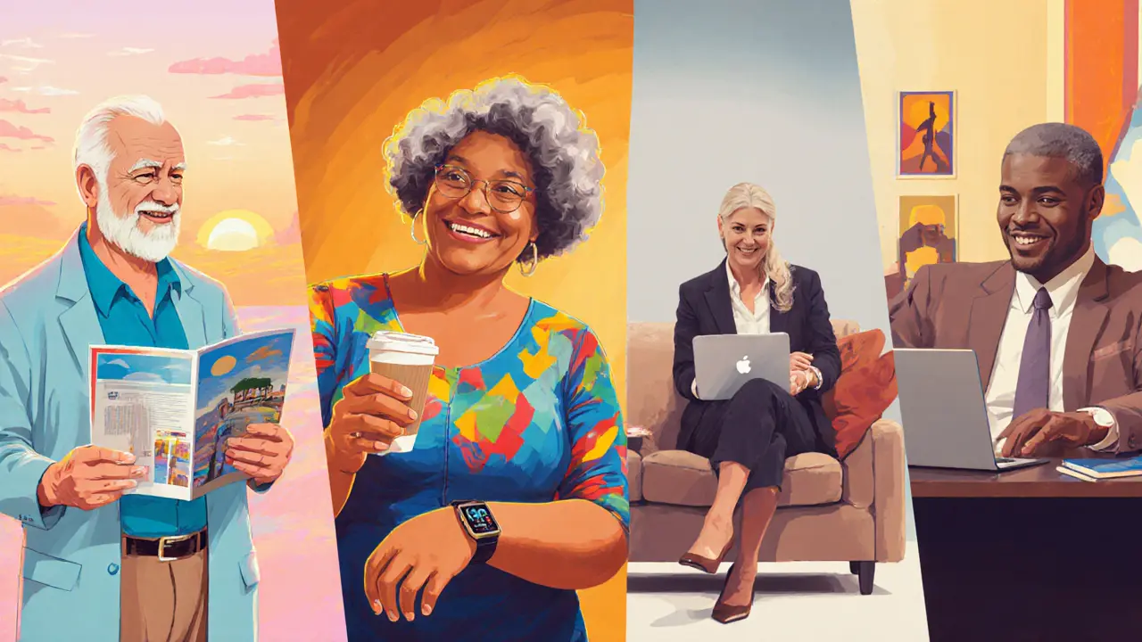 Collage of four mature models representing senior, plus‑size, lifestyle, and tech sectors.