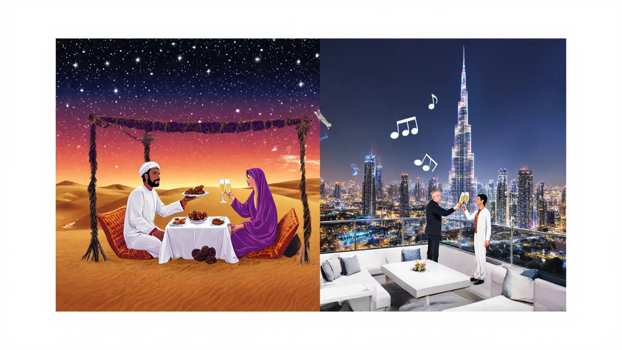 Desert dinner under stars merging into rooftop lounge with skyline and music.