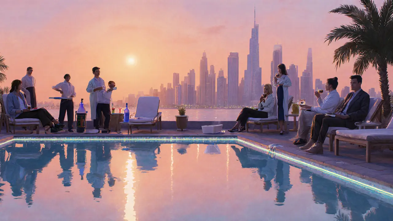 Early sunrise over a quiet Dubai pool after party, guests relaxing by the water.