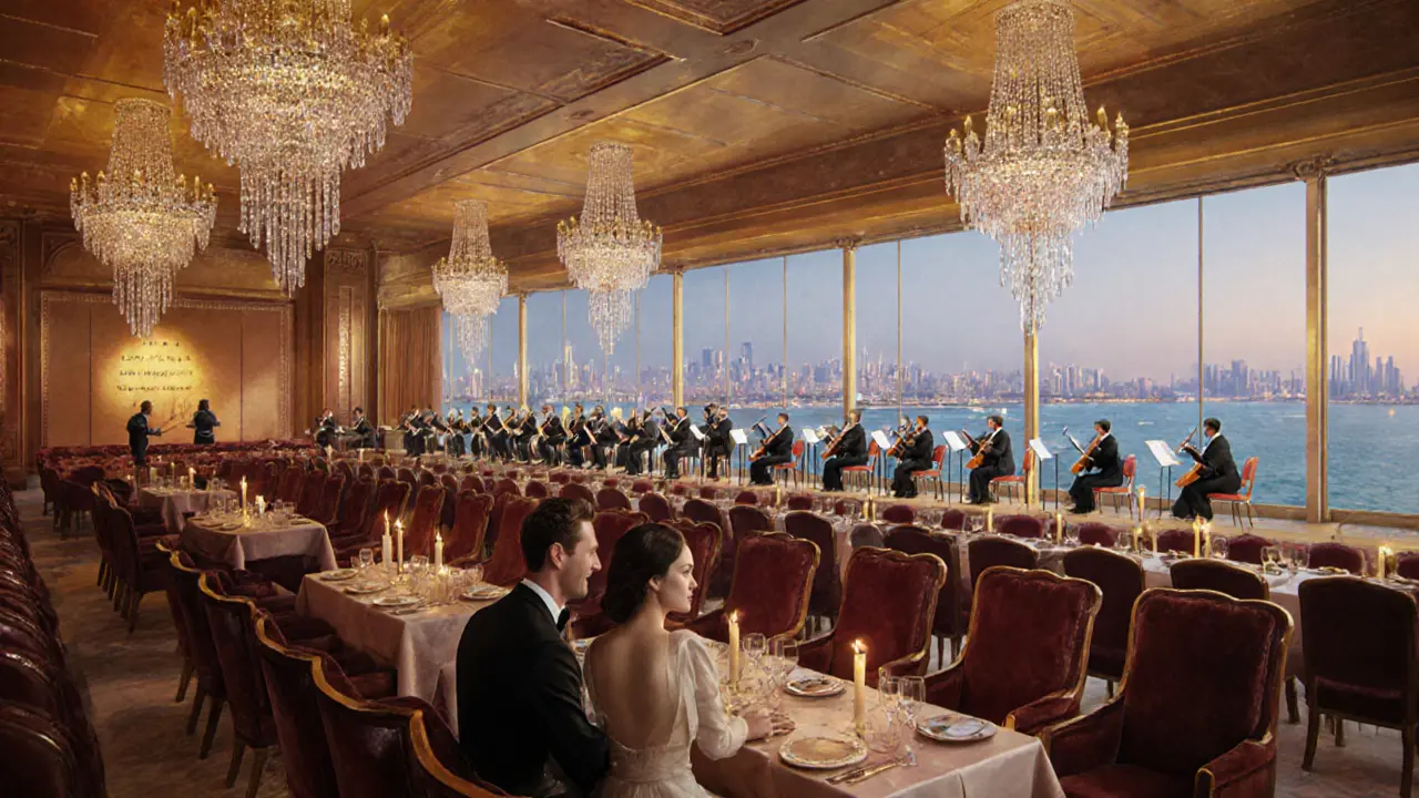 Elegant interior of Dubai Opera with couple at candlelit table during orchestra.
