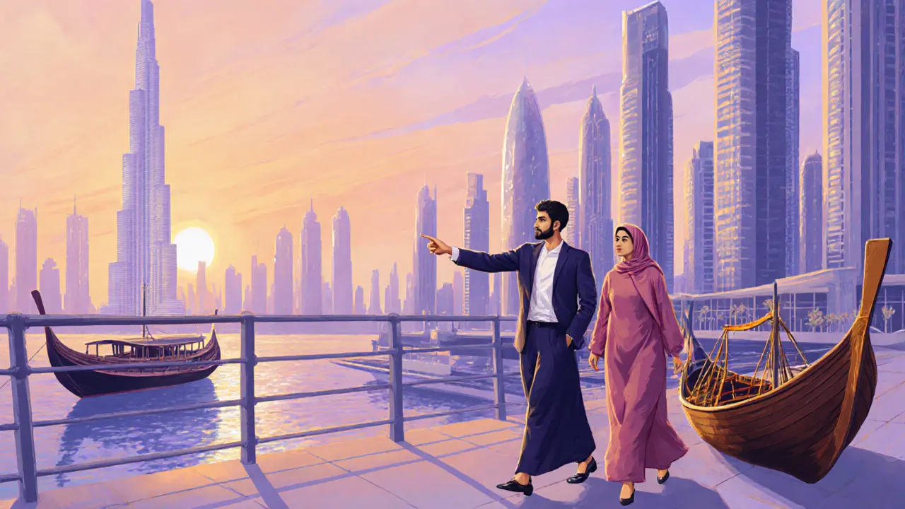 Escort guiding a visitor past Dubai skyline at sunset.