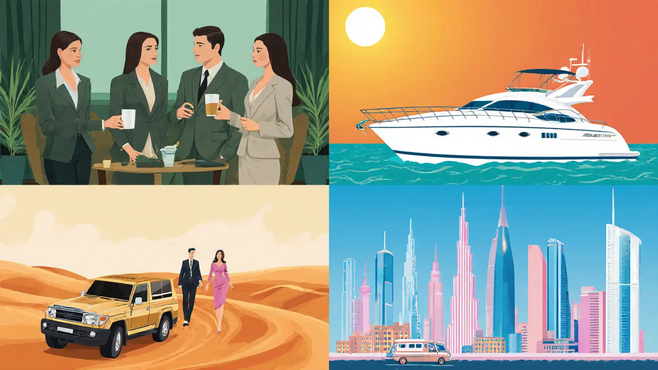 Four illustrated scenes showing business, yacht, desert, and full‑day companion services.