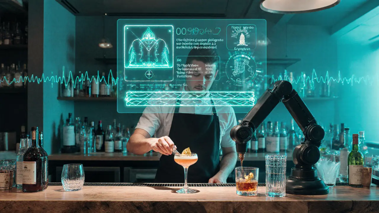 Futuristic Dubai bar with holographic AI mixology screen and sustainable cocktail preparation.