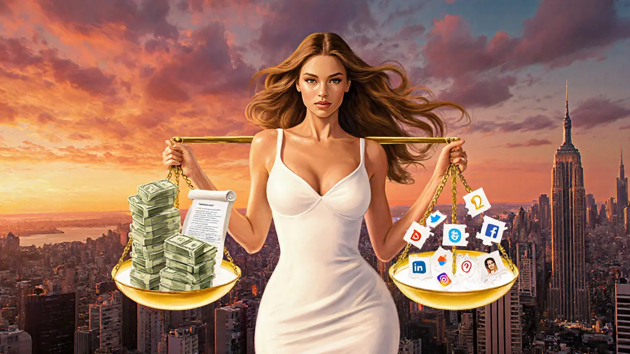 Gisele holding a scale comparing her earnings to modern social media influencers, symbolic of modeling's evolution.