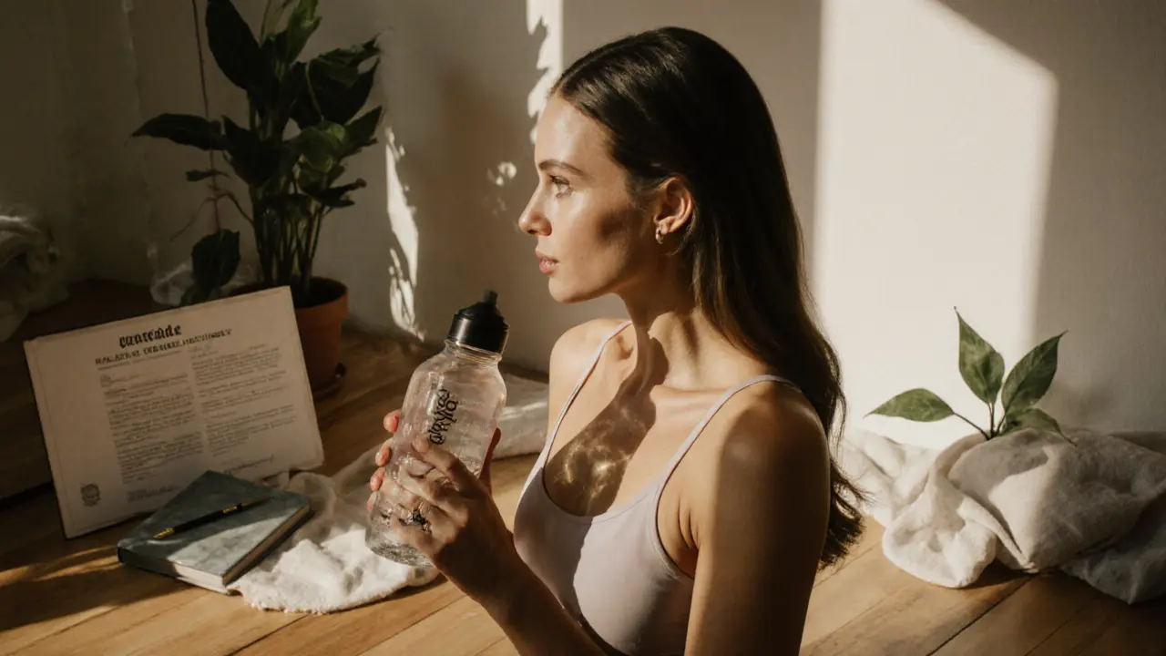 Gisele in a peaceful yoga studio, wearing her wellness brand, surrounded by plants and a real estate document.