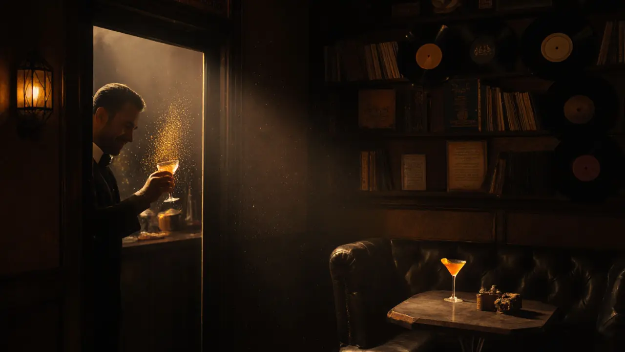 Hidden speakeasy bar with bartender mixing drink, warm lighting, vintage decor, secretive ambiance.