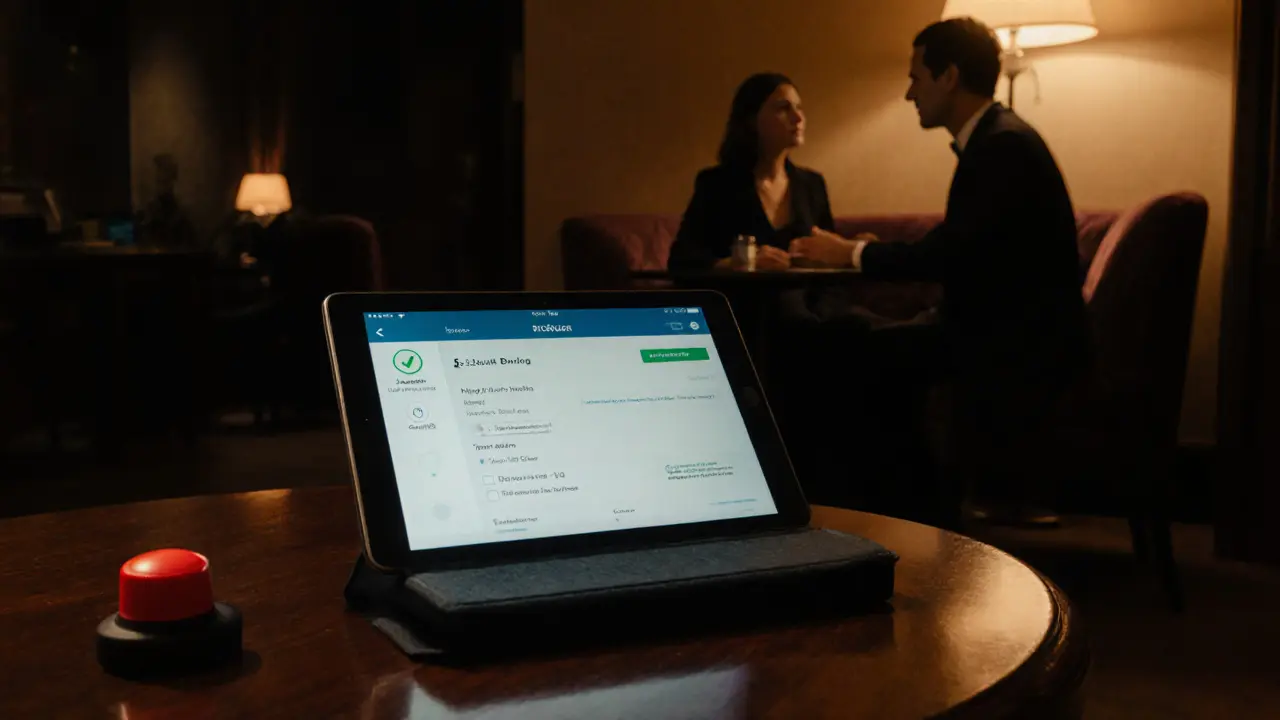 Hotel lounge with secure tablet booking screen and discreet panic button beside a couple.