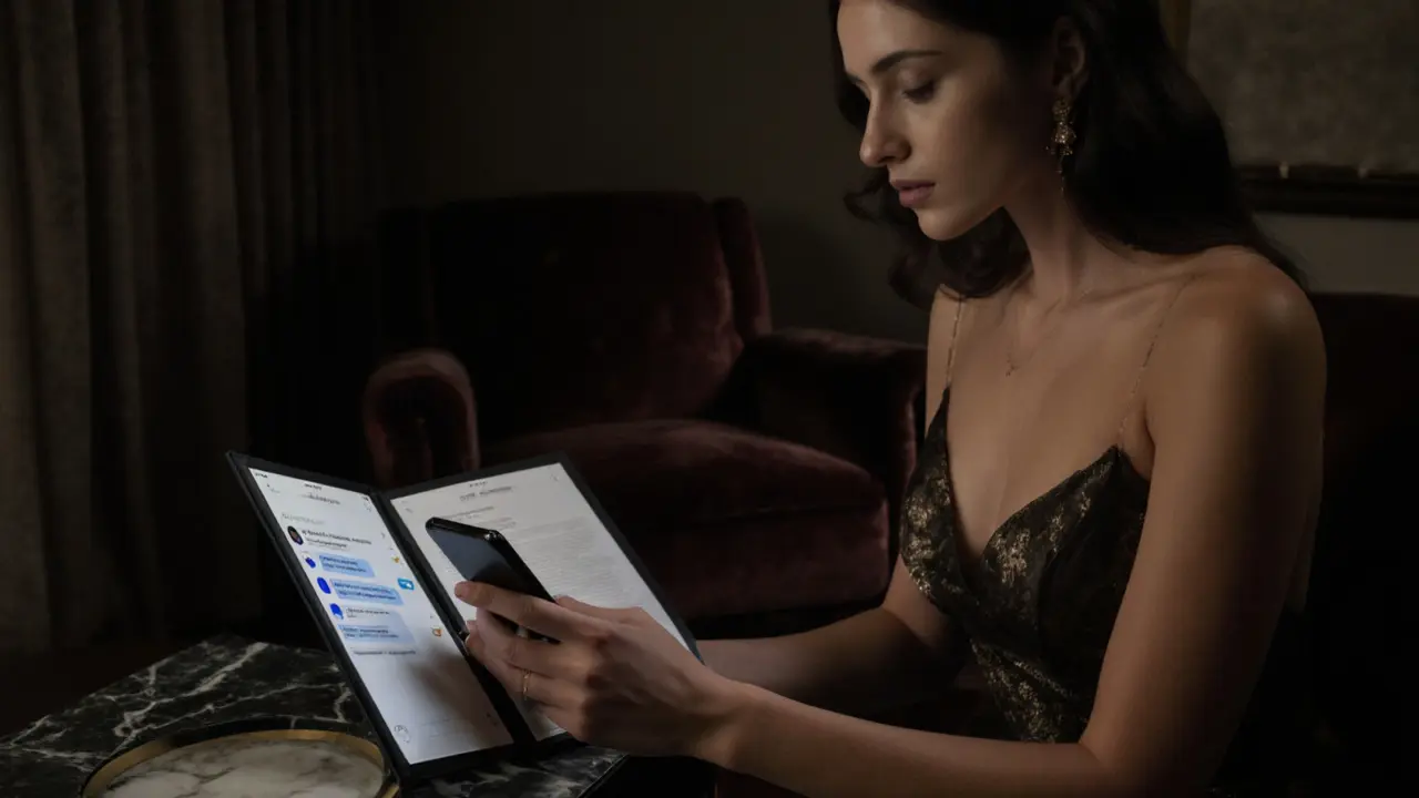 Hotel suite showing encrypted phone and companion reviewing a discreet dossier.