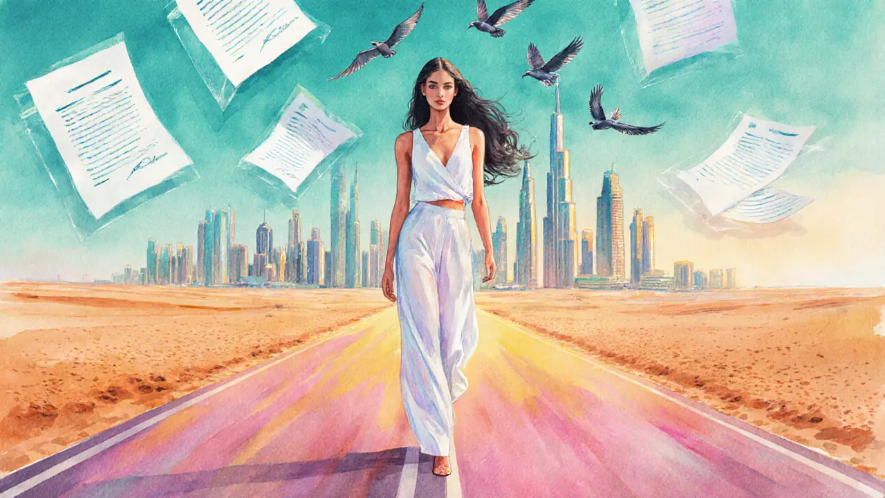 Illustrated model walking down a runway that blends into Dubai's sunrise skyline.