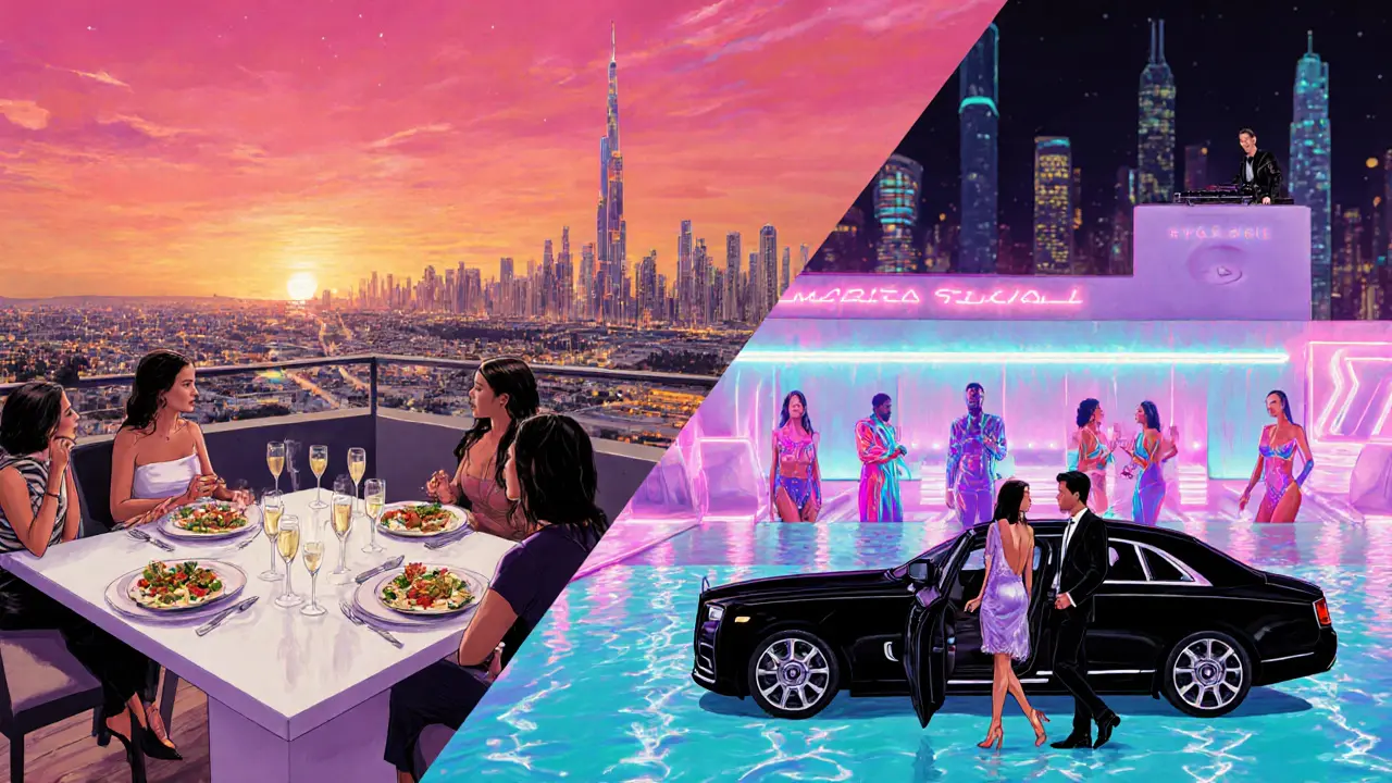 Illustration of pre‑game dinner terrace and neon pool party after‑hours in Dubai.