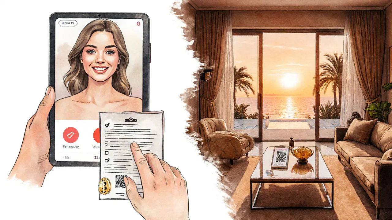 Illustration of safety steps: video call verification, private villa, secure payment icons.