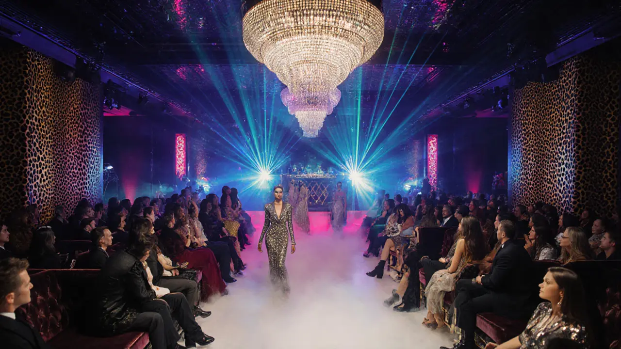 Inside Cavalli Club: DJ booth, runway dance floor, glowing chandelier, VIP cabanas.