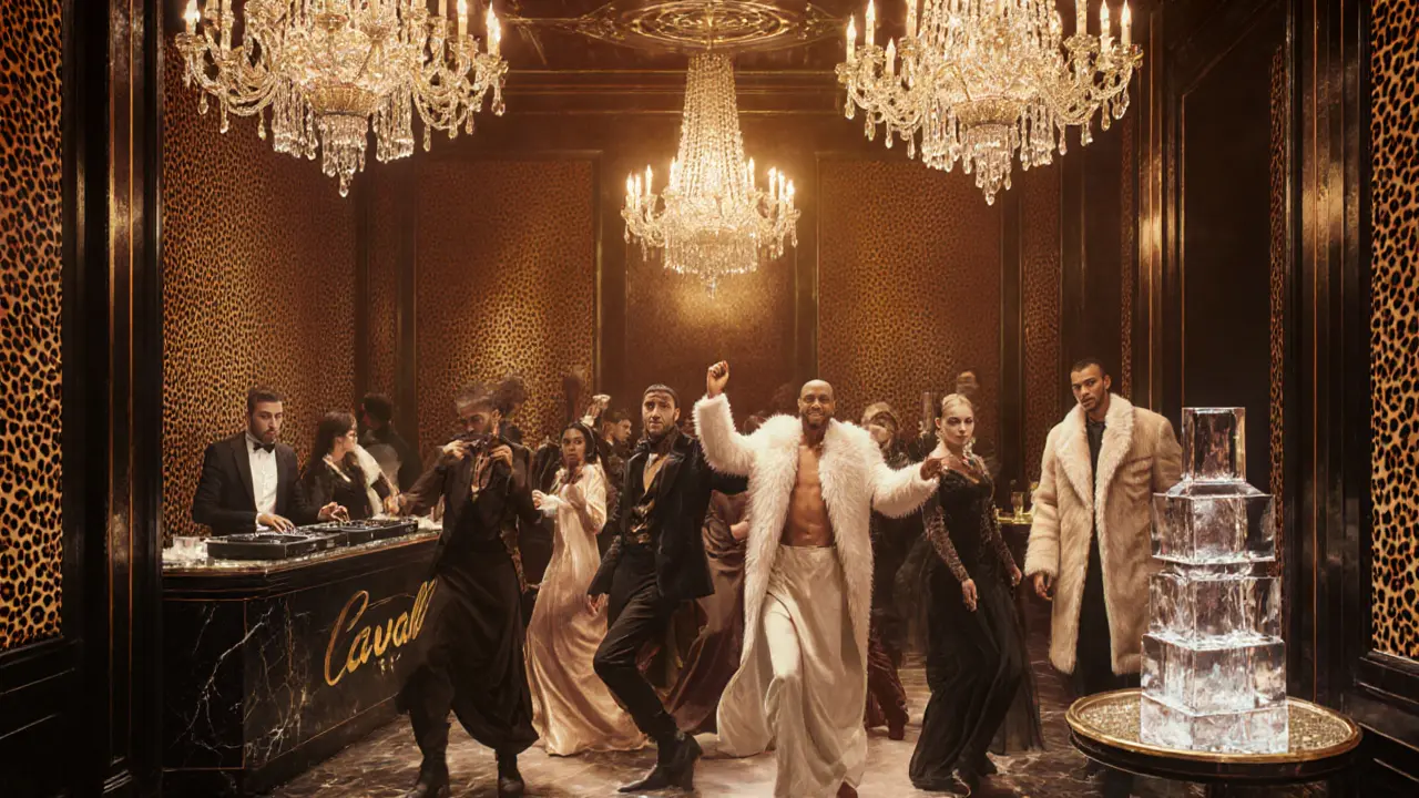Interior of Cavalli Club with leopard-print walls, crystal chandeliers, and elegantly dressed guests dancing under golden ambient light.