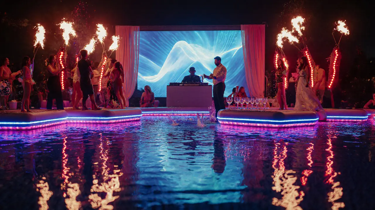 Low-angle view of VIP cabana, bottle service and laser lights at a Dubai pool party.