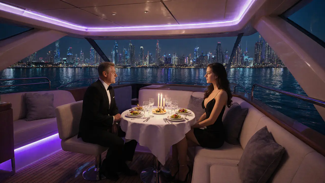 Luxurious yacht cabin with candlelit dinner and city lights reflected on water.