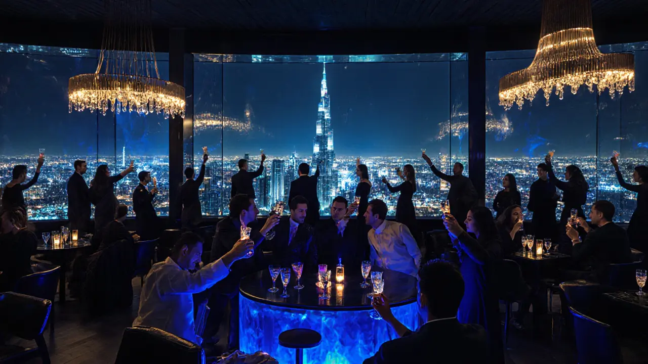 Luxury rooftop bar with skyline view of Burj Khalifa, guests holding cocktails under golden chandeliers.