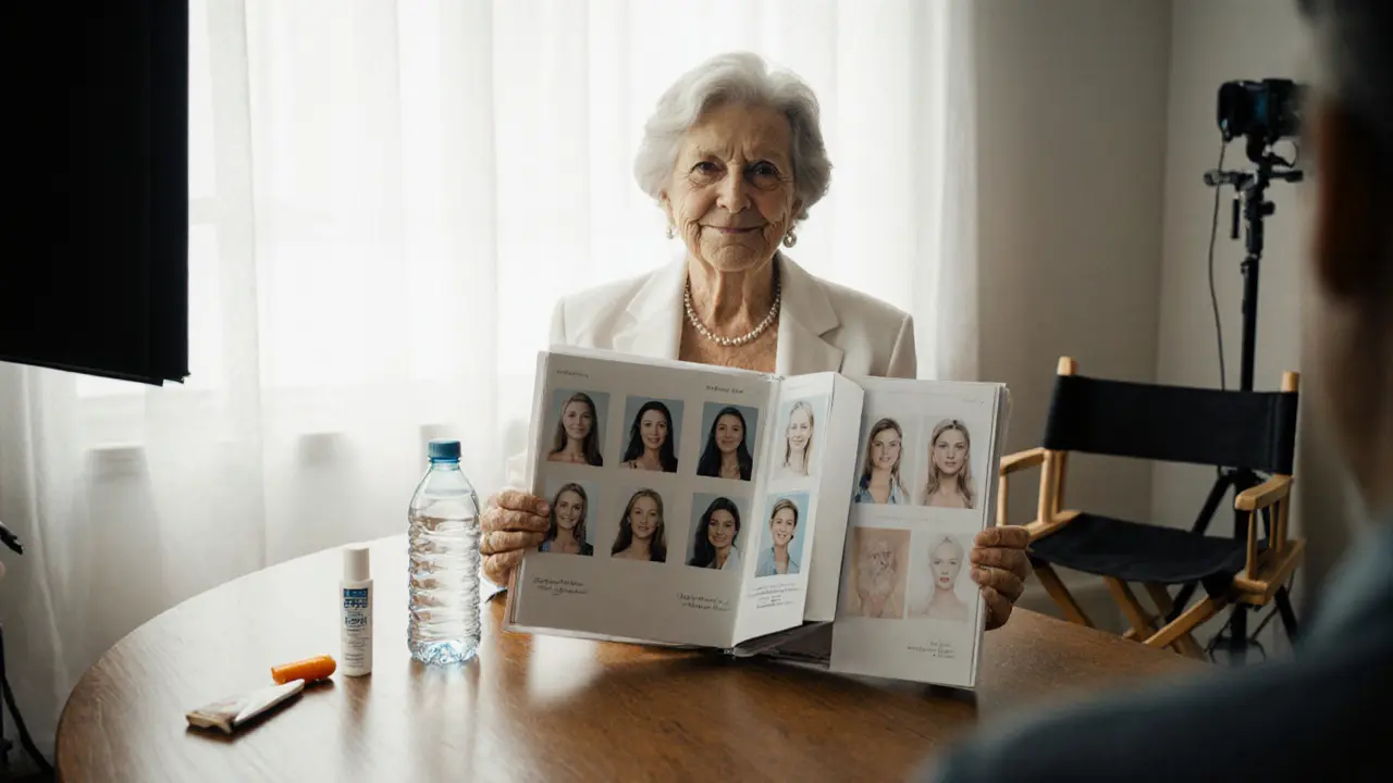 Mature model at a casting table with portfolio, water bottle, and sunscreen.