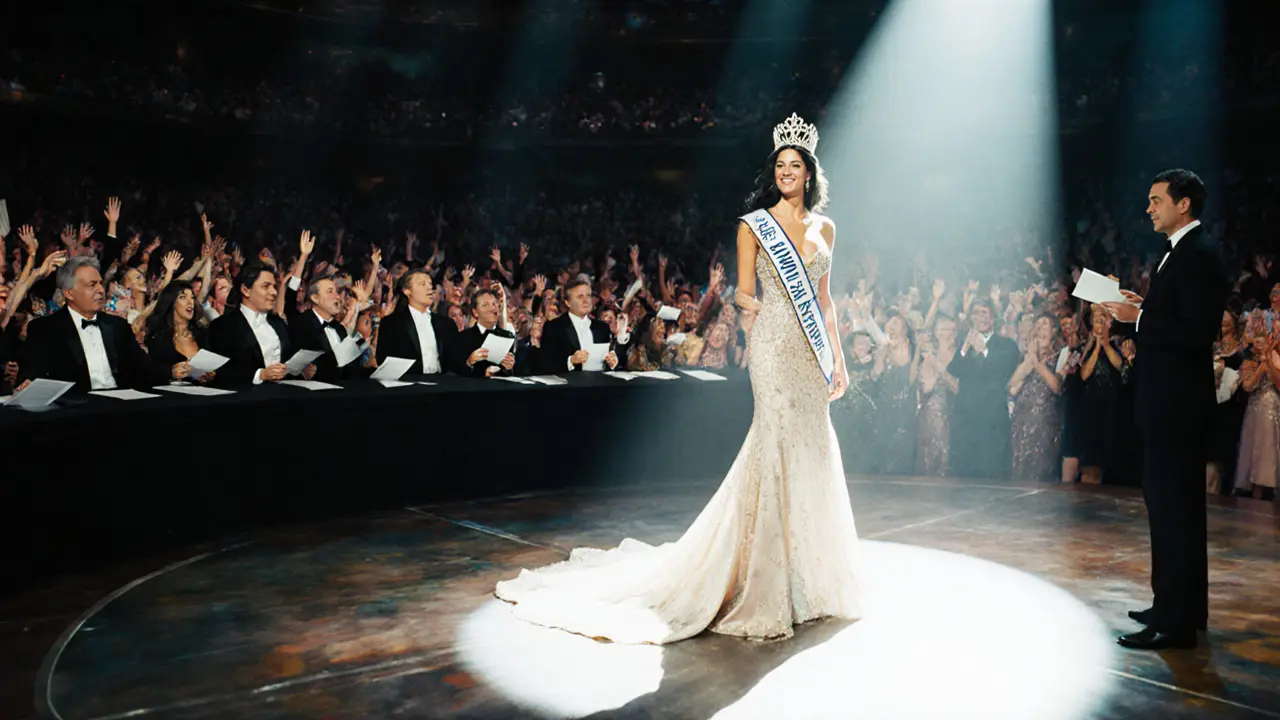 Miss Universe winner on stage under spotlight with judges and audience.