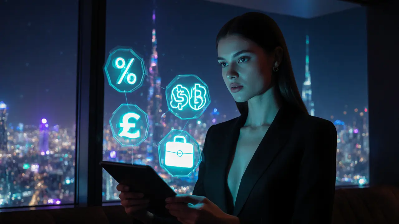 Model reviewing holographic fee icons on tablet in a sleek night lounge with city lights.