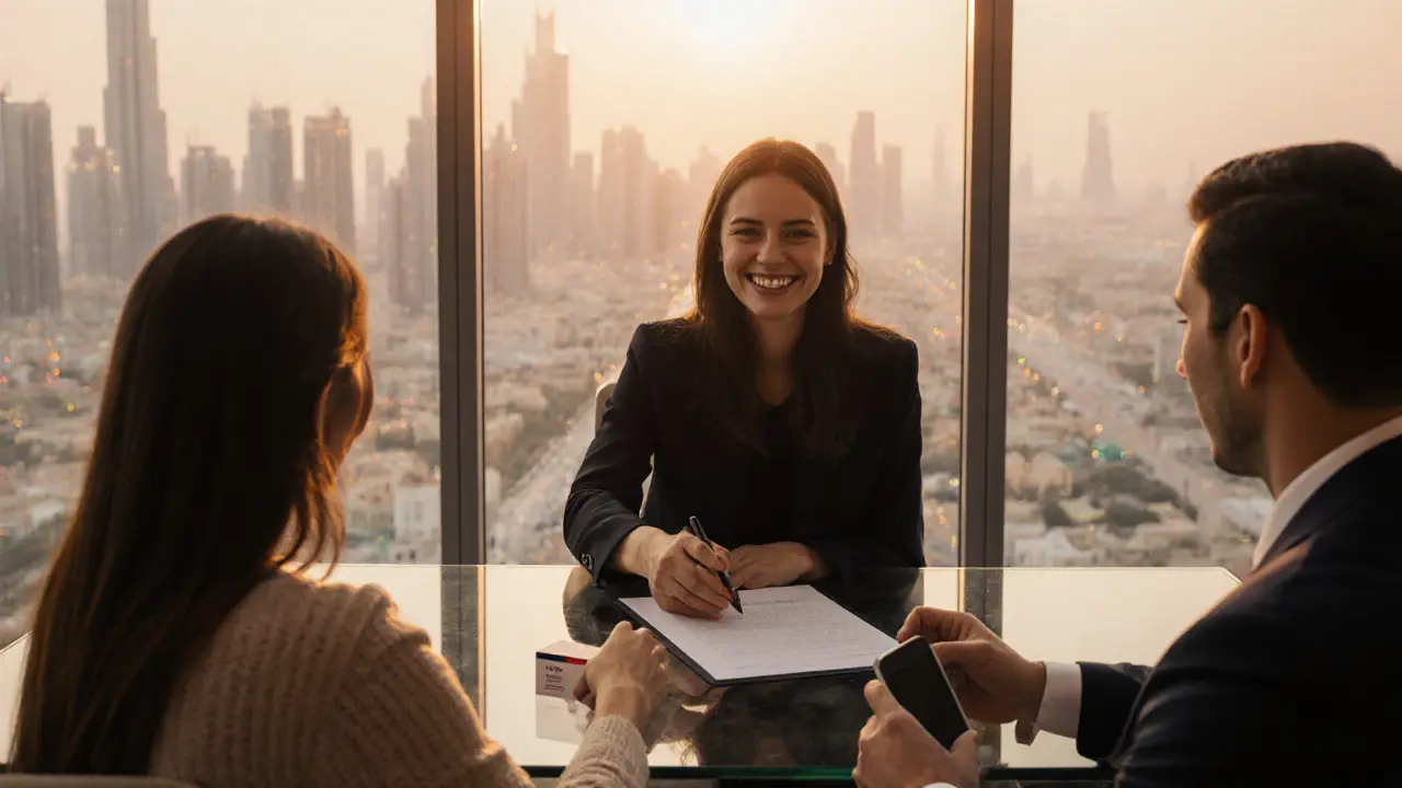 Model signs a contract with a talent manager in a Dubai office at sunset.