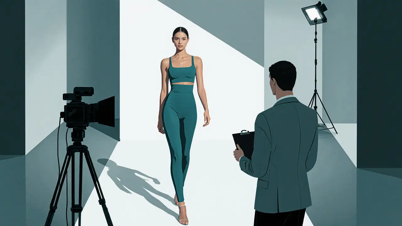 Model walking a runway during an open casting call in a modern studio.