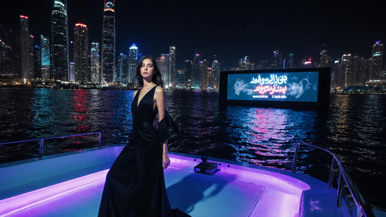 Nighttime yacht shoot with a Dubai model in black eveningwear beside city lights.