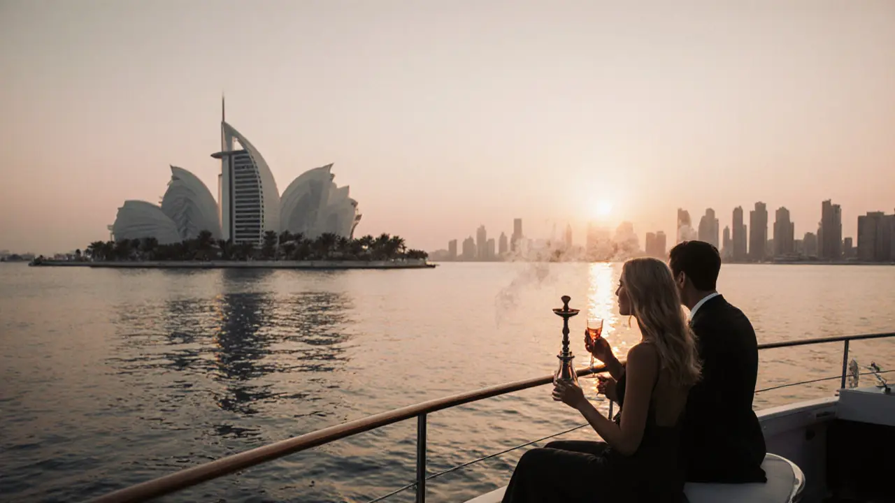 Private yacht at sunrise near Palm Jumeirah with guests sipping rosé, Burj Al Arab glowing in the distance.