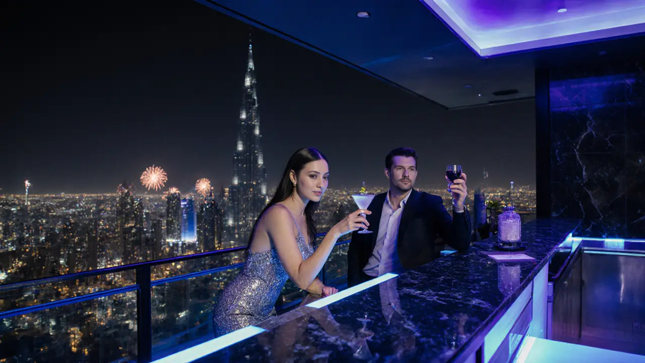 Rooftop bar at Burj Khalifa where a client meets an escort over drinks, skyline backdrop.