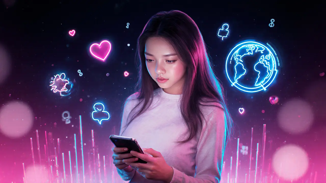 Social‑media influencer surrounded by floating likes, follower counts, and a glowing globe.