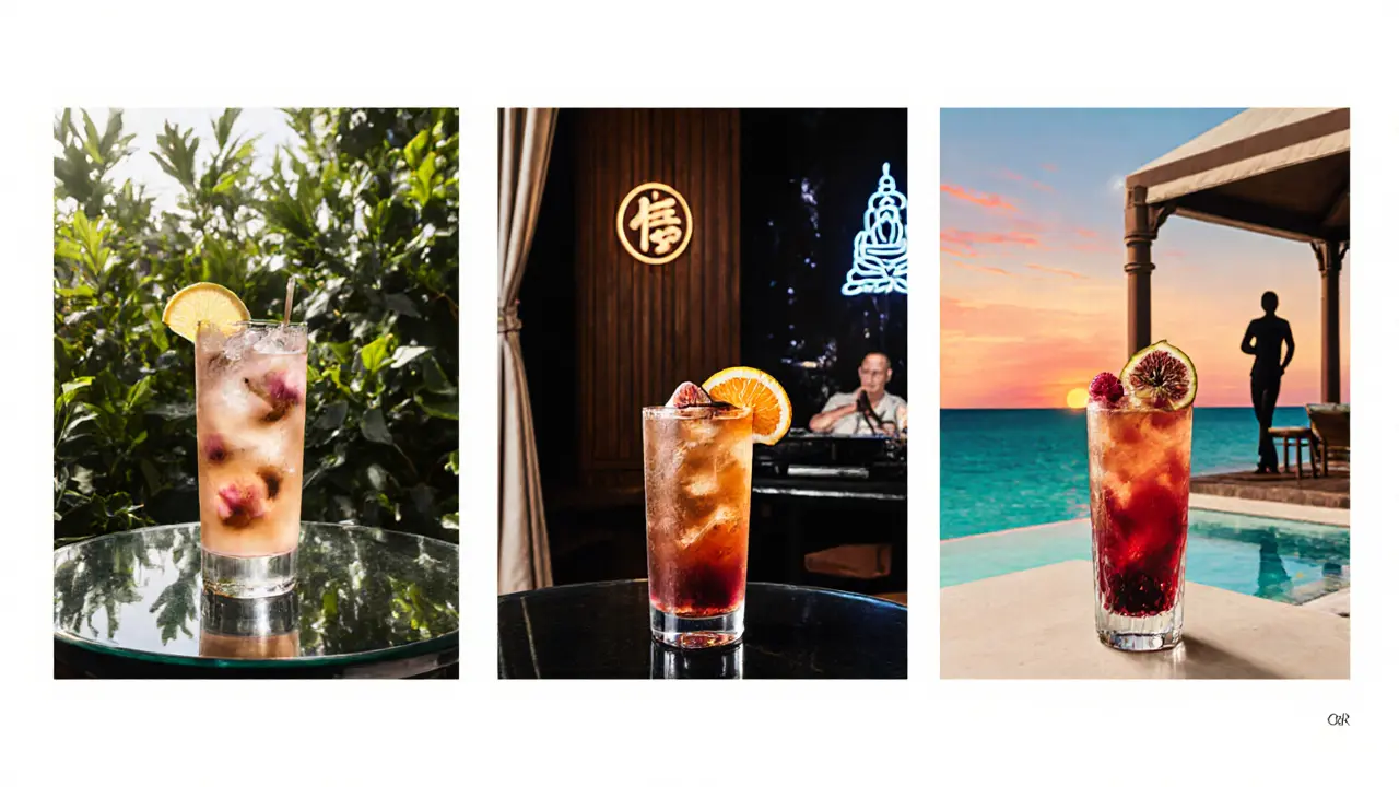 Three custom cocktails shown in their venue settings: garden, Asian lounge, and beach poolside.