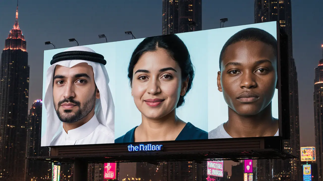 Three diverse faces on a Dubai billboard, glowing with authentic expression.