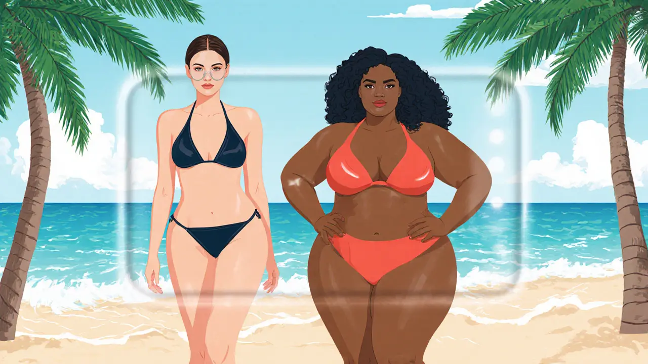Two diverse bikini models on a tropical beach highlighting body positivity.