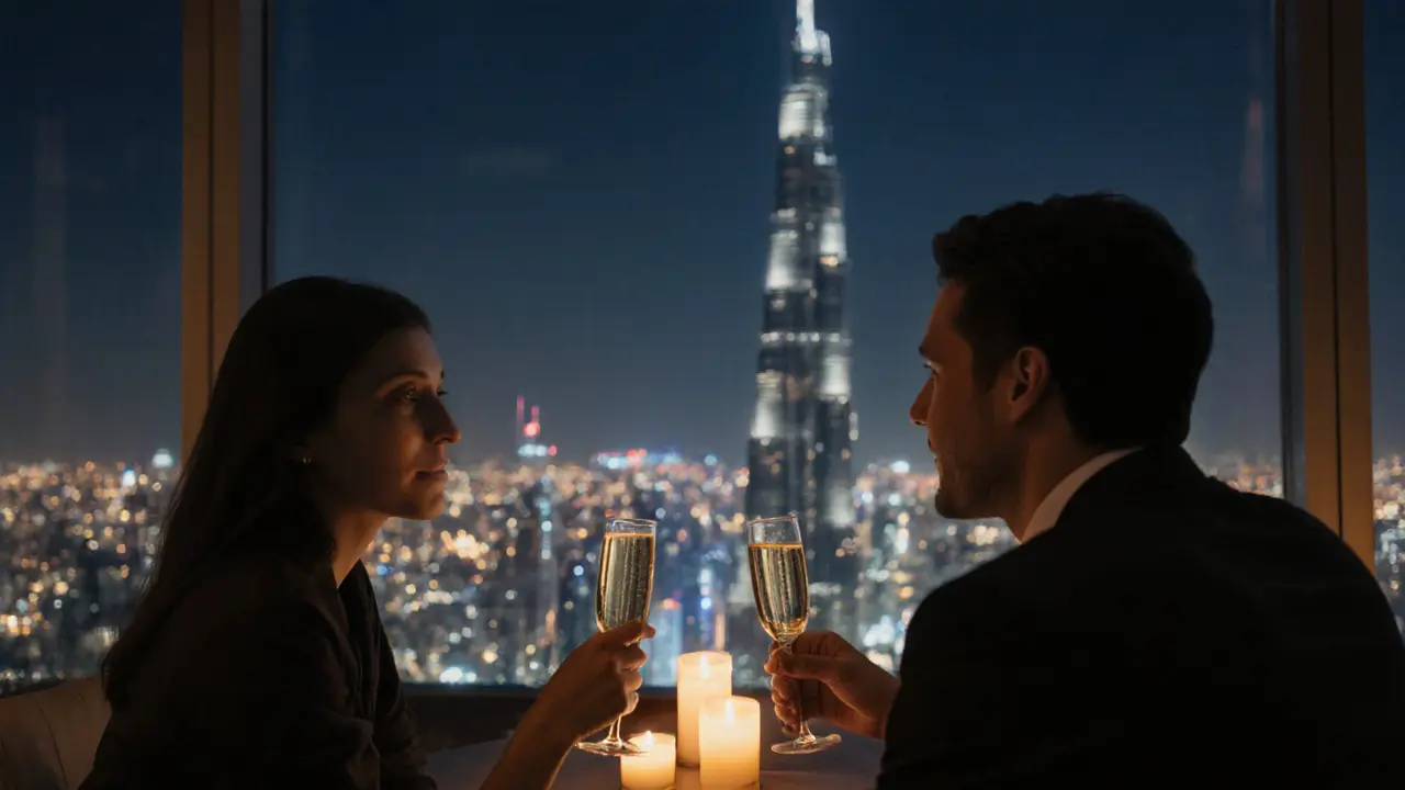 Two people quietly conversing at a rooftop lounge in Dubai, city lights glowing behind them.