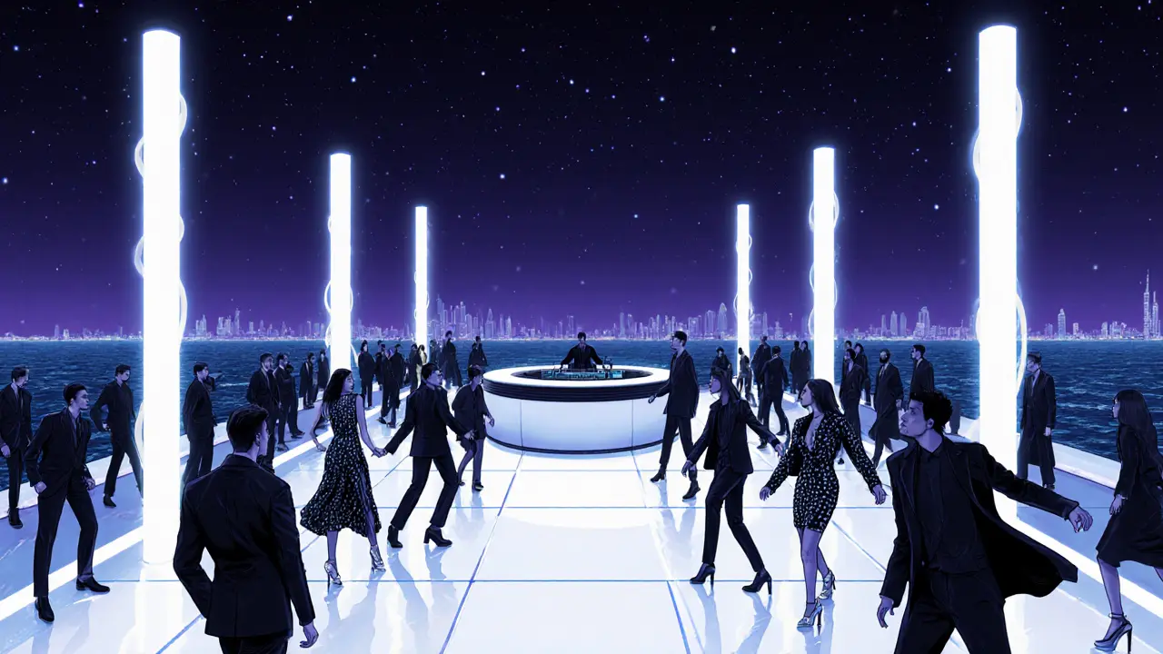 White Dubai rooftop scene with fashionable crowd in monochrome outfits dancing under stars.