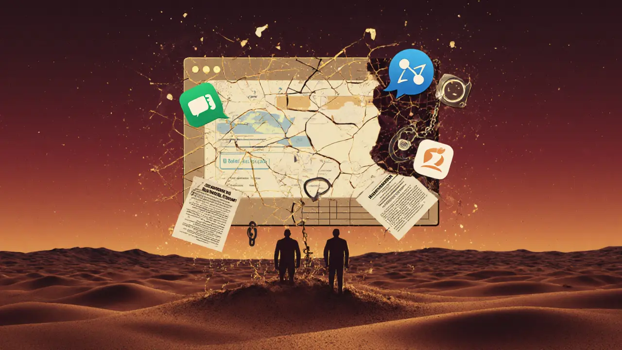 A digital interface of messaging apps dissolves into desert sand with handcuffs and deportation notices emerging symbolically.