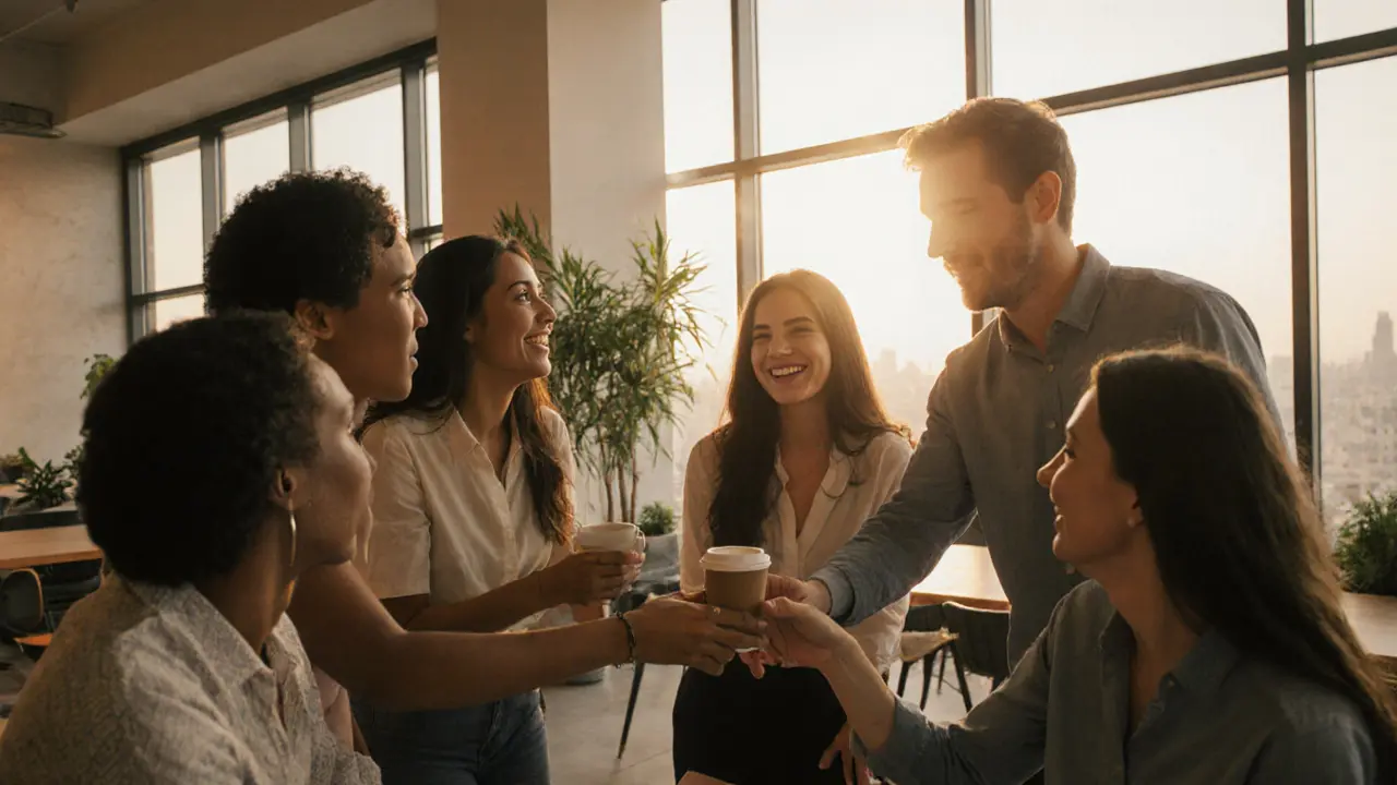 A diverse group of expats share a warm moment laughing together in a bright Dubai co-working space during golden hour.