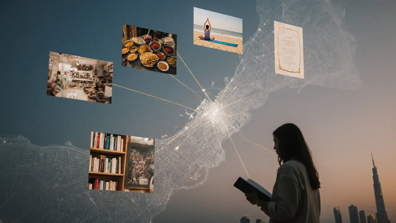 A dreamlike map of Dubai connected by golden threads representing personal local stories.