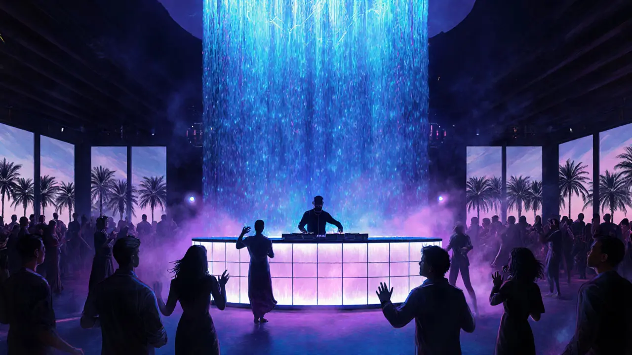 A glowing LED waterfall pulses with music inside a high-energy nightclub, surrounded by dancers in low light.