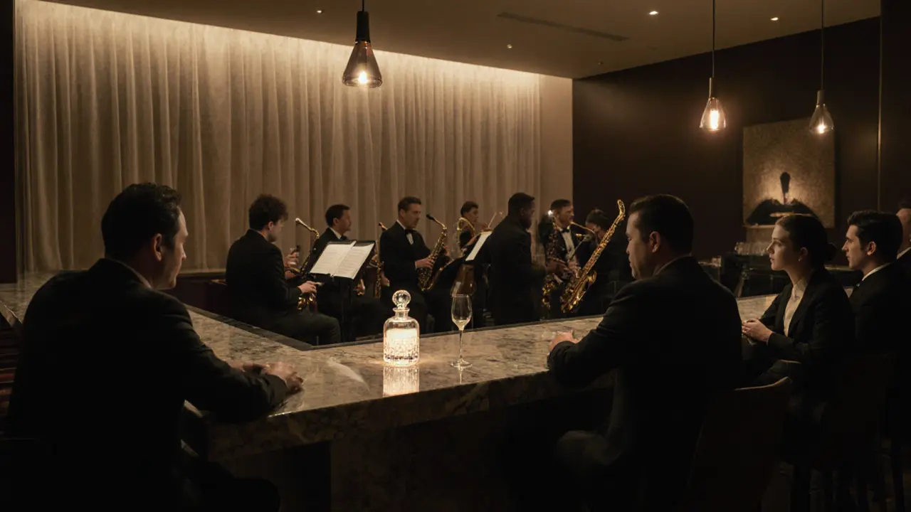 A live jazz ensemble performs in a quiet, opulent nightclub with gold accents and no visible branding.