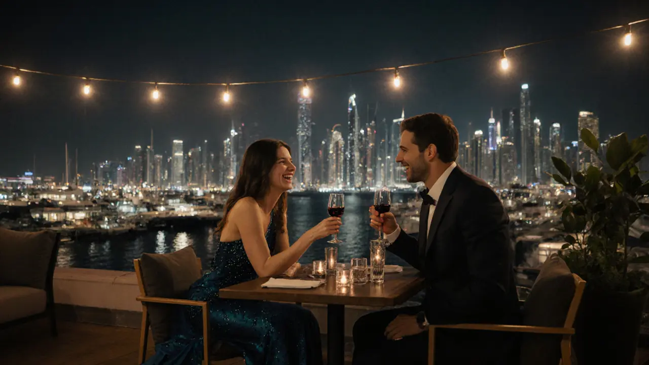 A man and woman share a quiet, intimate moment at a rooftop lounge in Dubai, overlooking the marina at night.
