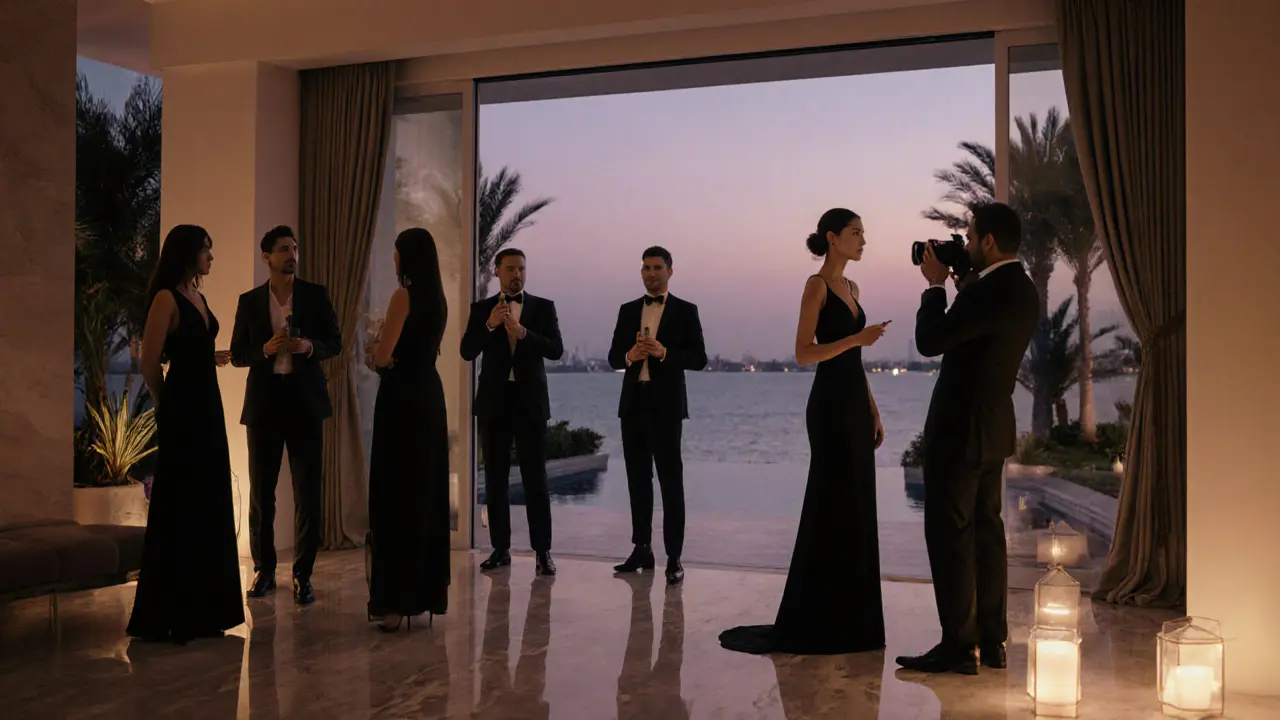 A model conversing with guests in a private Palm Jumeirah villa under soft lighting.