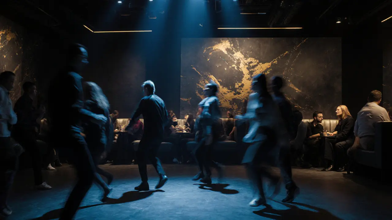 A packed dance floor at night with mood-lit ambiance, people moving in sync to deep techno music.