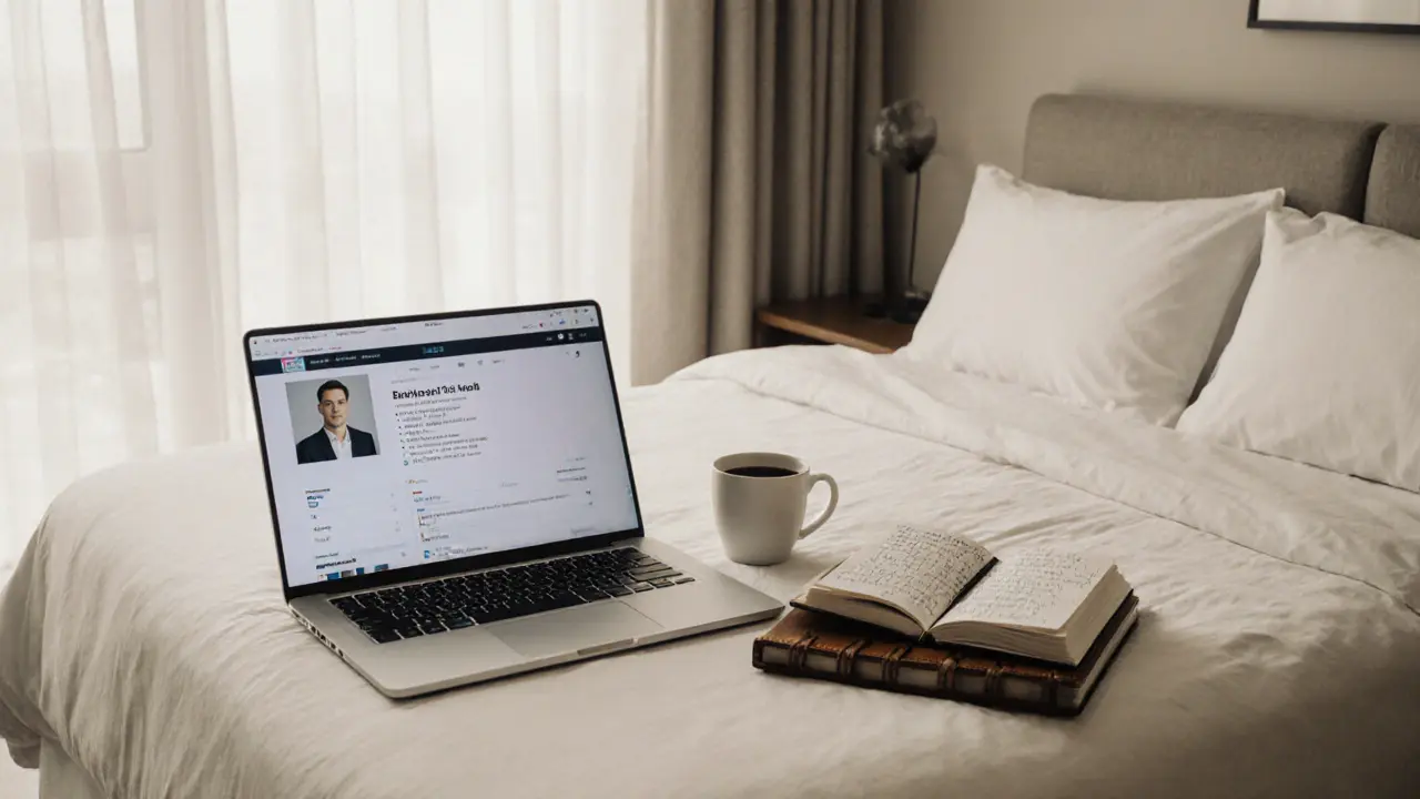 A professional companion's discreet apartment with a verified profile on a laptop, morning light filtering through curtains.