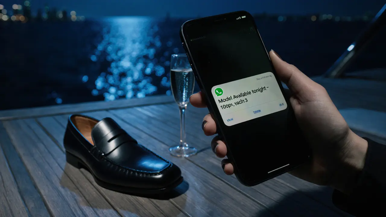 A smartphone showing a private message about a model, beside a champagne flute on a yacht deck.